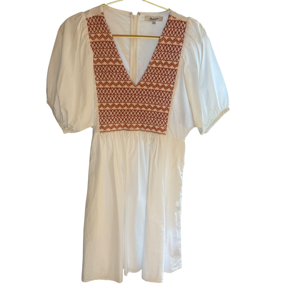 Madewell Embroidered Poplin Mini Dress Puff Sleeve‎ V neck Size XS NWOT - Picture 6 of 12